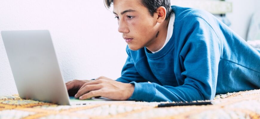 junger Mann liegt auf einer Decke und schaut in den Laptop