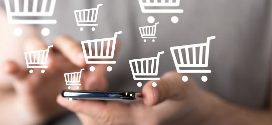 Illustration Mann mit Handy shoppt online