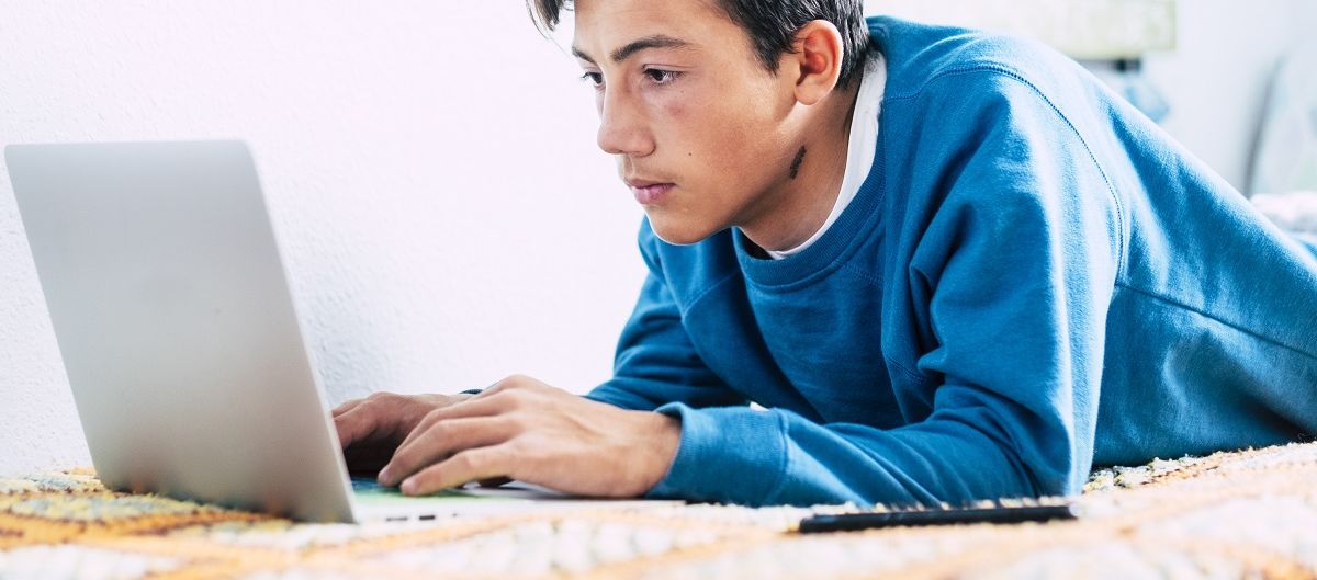 junger Mann liegt auf einer Decke und schaut in den Laptop